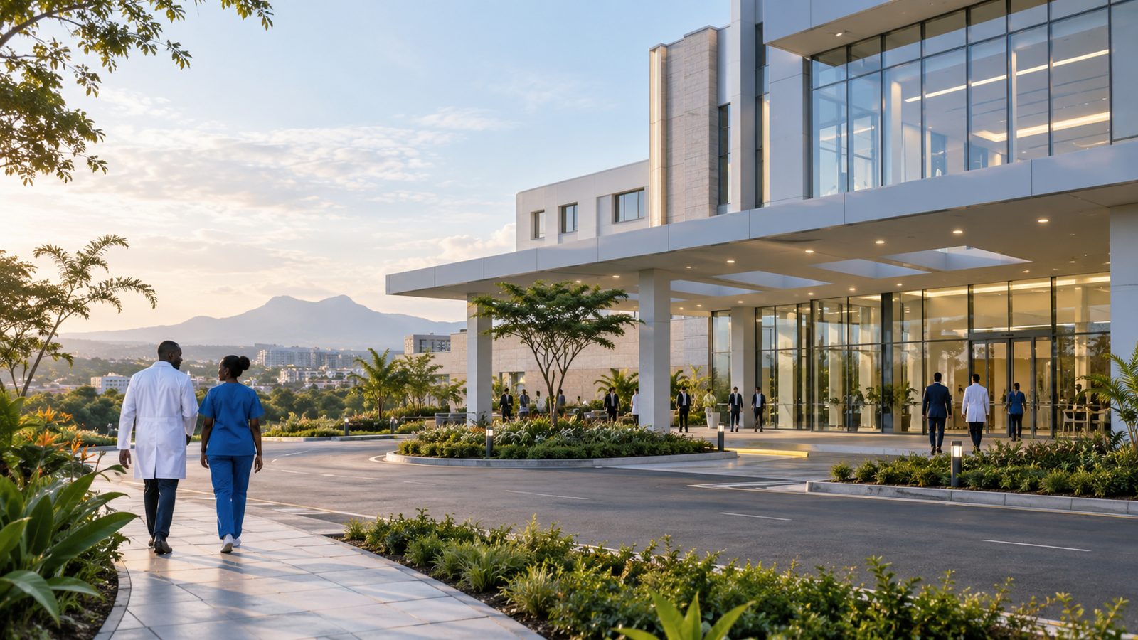 Clinicians walking toward a modern hospital entrance at dawn