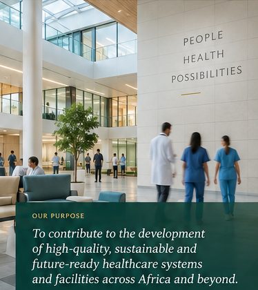 Hospital lobby with the words People, Health, Possibilities on the wall