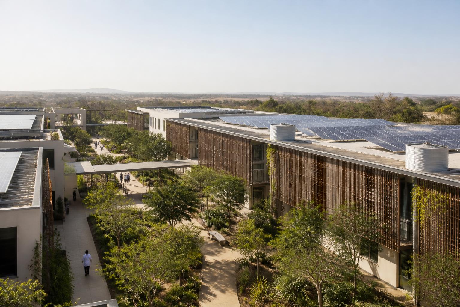 Illustrative sustainable healthcare campus with solar panels, shaded façades and planted courtyards